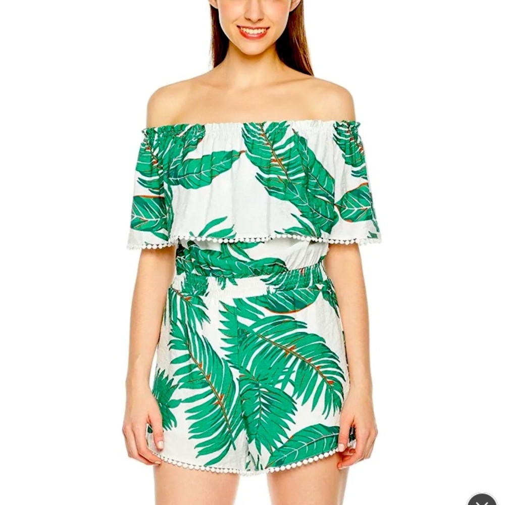 Plumberry Off shoulder palm tree romper - Size L